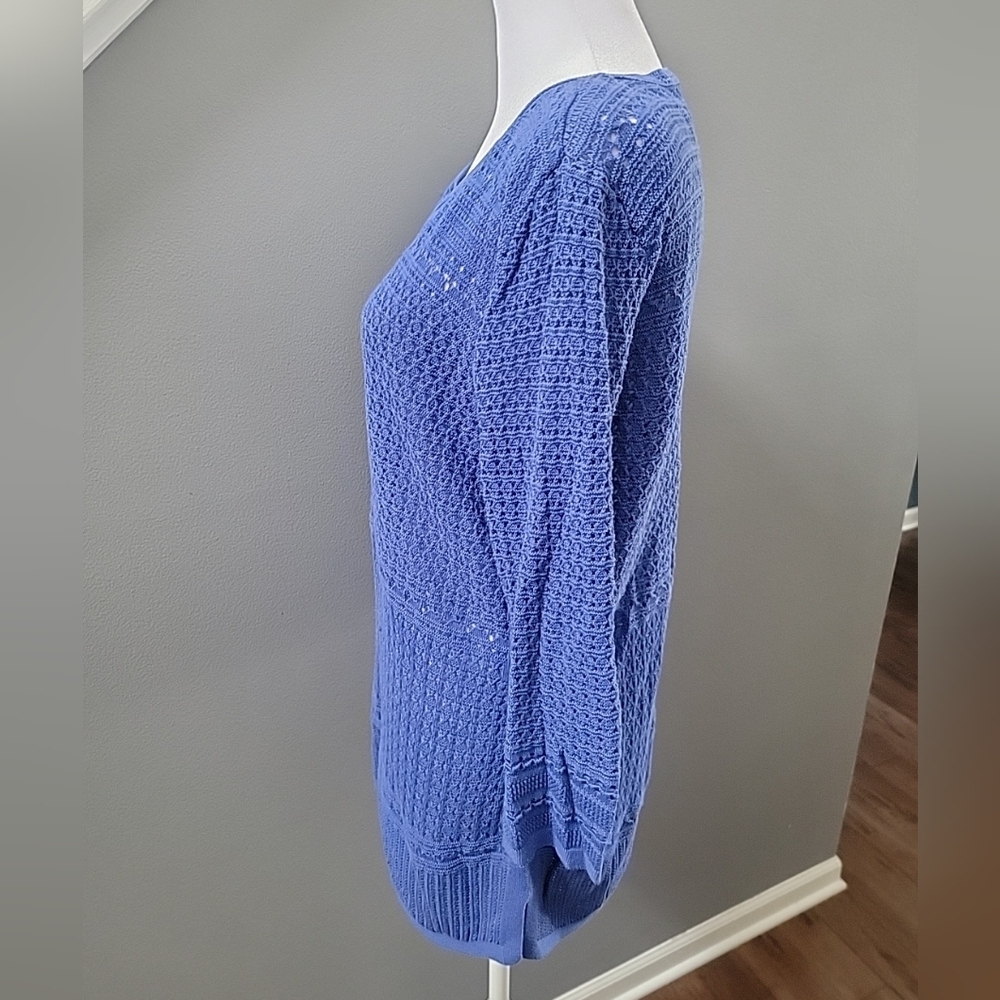 Talbots Sweater Split Neck Open Stitch Blue Cotton Blend Tunic MP - Picture 3 of 6